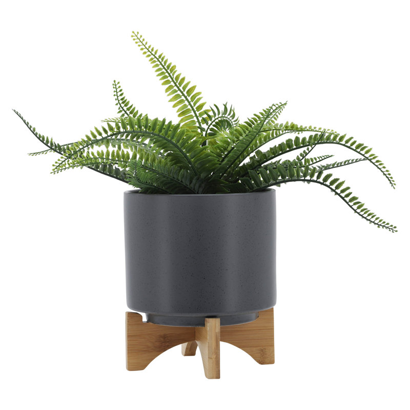 Pot à fleurs en céramique 8 po avec support en bois, gris mat pour le salon