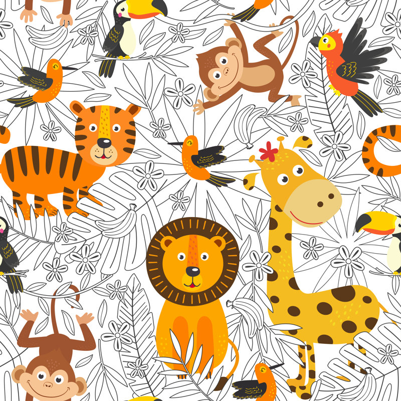 Richardton Seamless Pattern With Colouring Tropical Animals by Nataka - Wrapped Canvas Print, 122cm H x 122cm W x 3.8cm D