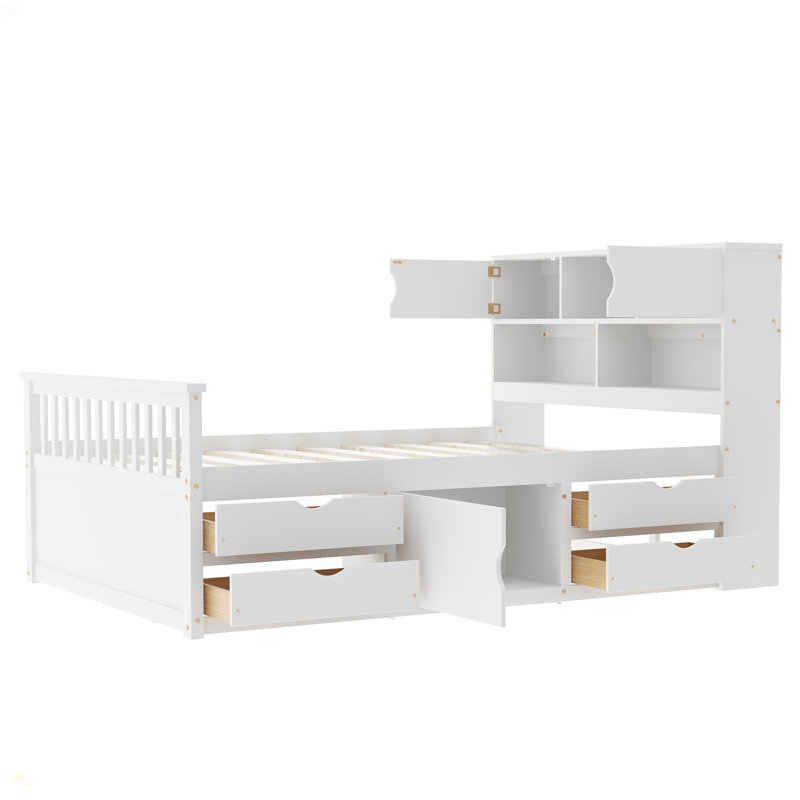 Base de lit plateforme capitaine avec bibliothèques de rangement et tablettes, quatre tiroirs