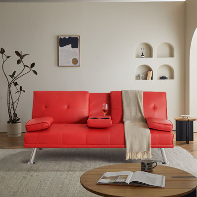 Classic PVC Leather Upholstered Convertible Futon Sofa Bed with Cup Holders by Latitude Run