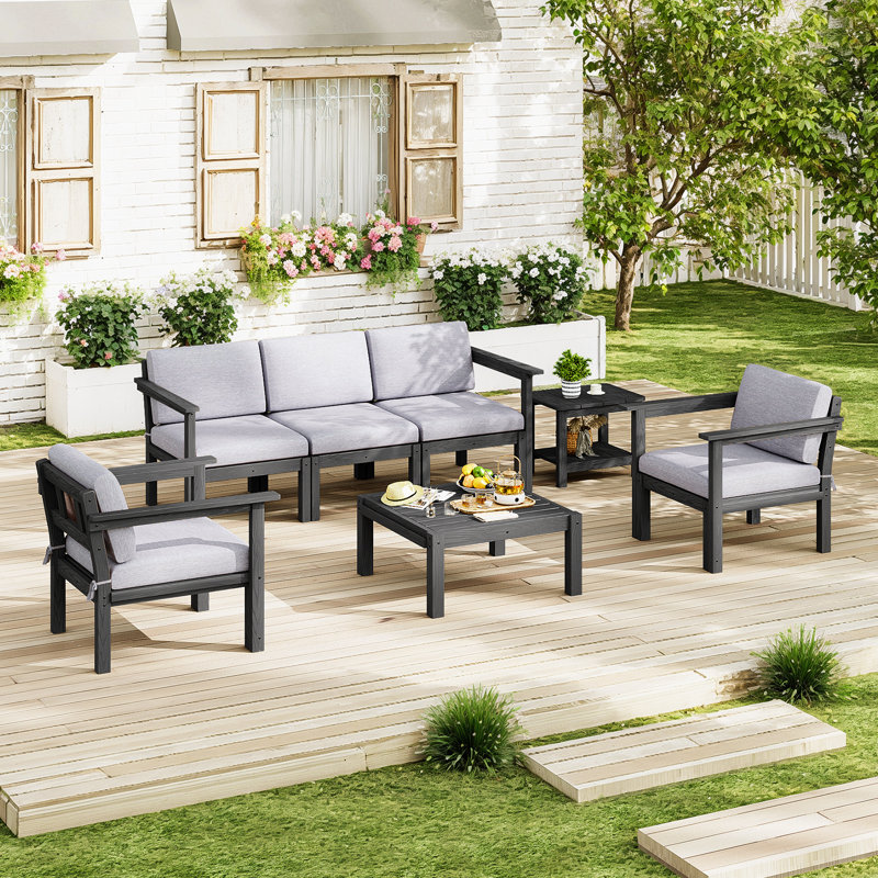 Ensemble de conversation modulaire de patio pour 5 personnes avec coussins, ensemble de conversation d'extérieur imperméable à l'eau toutes saisons 7 pièces, noir