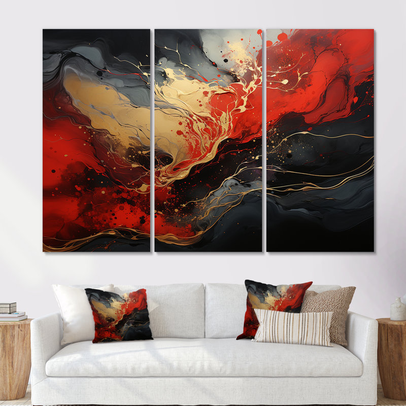 Rouge et or marbre volcan II - art mural abstrait, Toile tendue, H 32 po x l 48 po x P 1 po