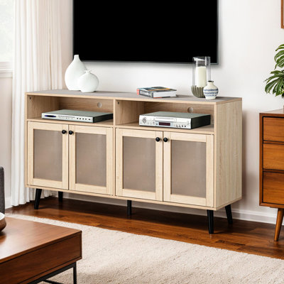 Meuble télé rond de style Mid-Century naturel naturel pour salon, noir rond, bois d'ingénierie et papier, métal d'une largeur de 56 po, hauteur de 32 po