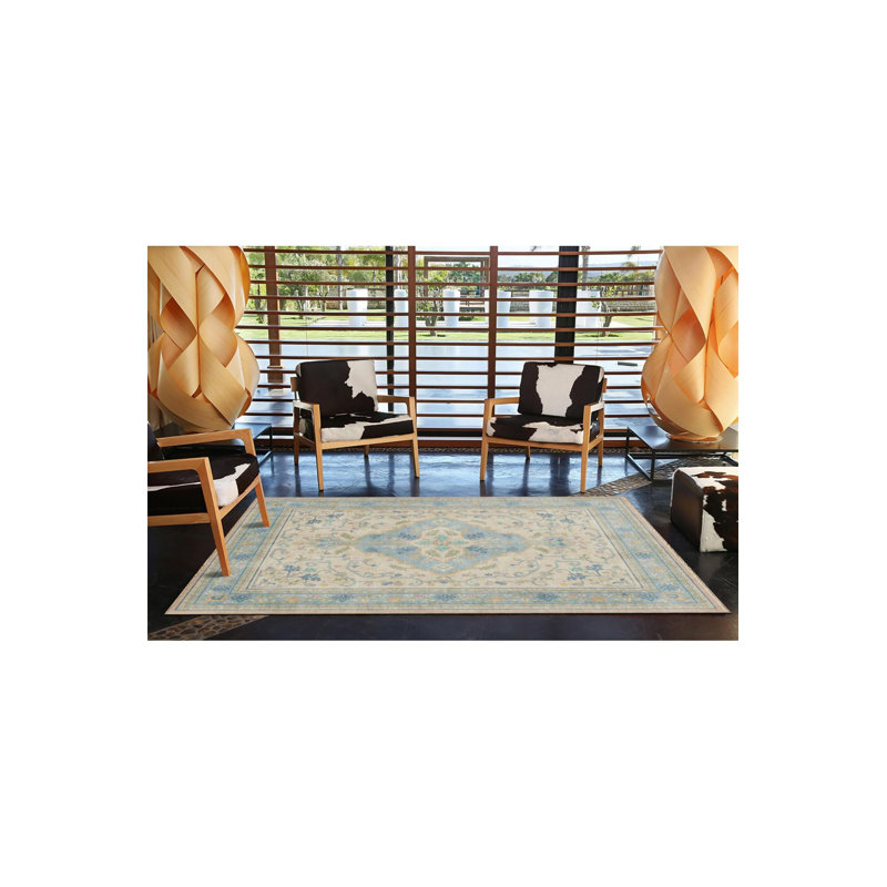 Tapis bleu tissé à motif géométrique lavable à la machine, Carré 3 pi 11 po