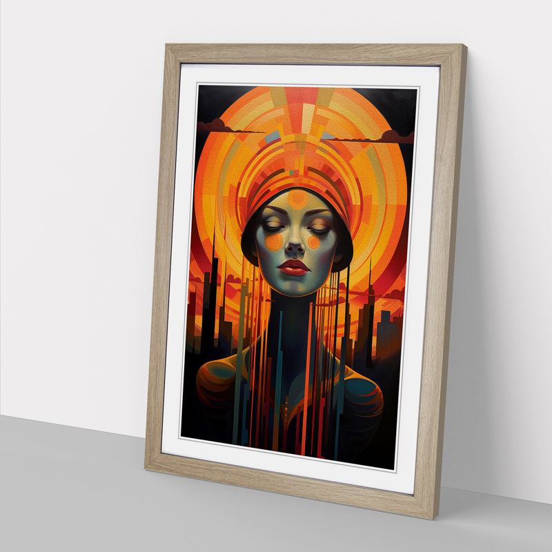 Sunset Art Deco No.2 - Framed Print, 34cm H x 25cm W x 2cm D, Oak