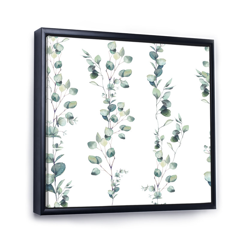 «Eucalyptus Branches On White II», reproduction d'art sur toile tropicale, Cadre flottant noir, H 16 po x l 16 po x P 1 po