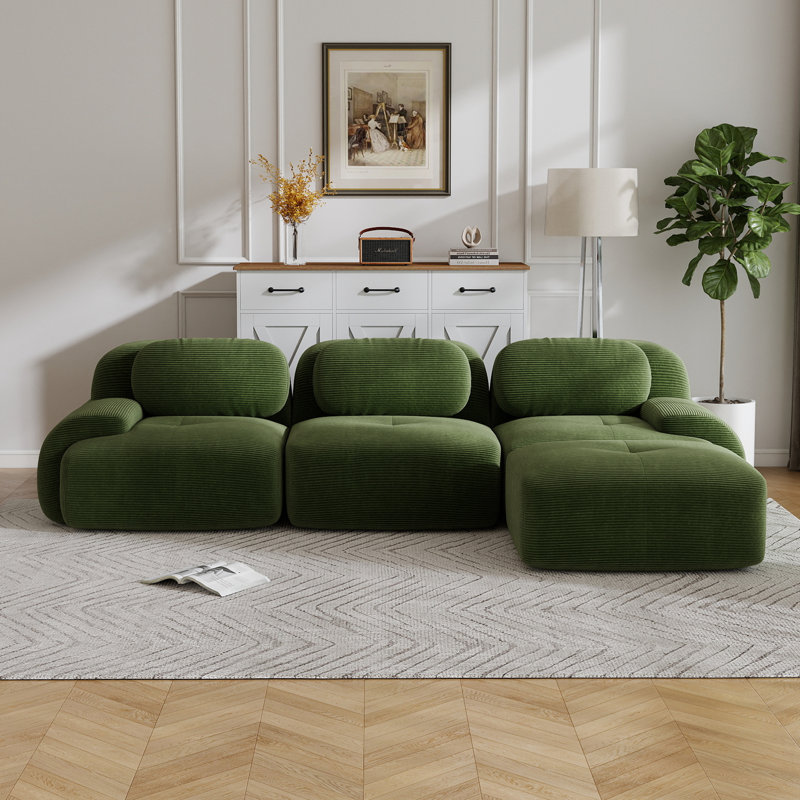 Boneless L-Shaped Modular Sofa Luxurycorduroy Fabric Fabric 32D High-Resilience Sponge For Living Rooms Bedroom, Green