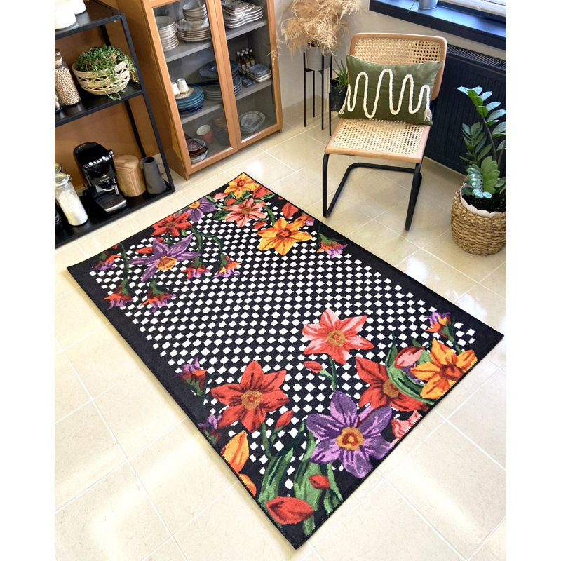 Tapis noir et blanc Floret, Rectangle 5 pi 1,02 po x 7 pi 6,55 po