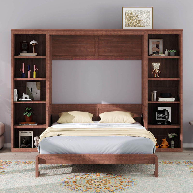 Lit escamotable double avec bureau et bibliothèque, lit plateforme pliable avec plusieurs supports de rangement pour la chambre d'amis