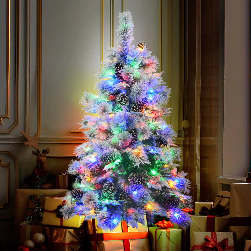 Arbre artificiel enneigé 4 pi, 170 branches, 120 lumières, lumières artificielles et matériaux, arbre de Noël festif avec motif, base stable à DEL, Enjoy A