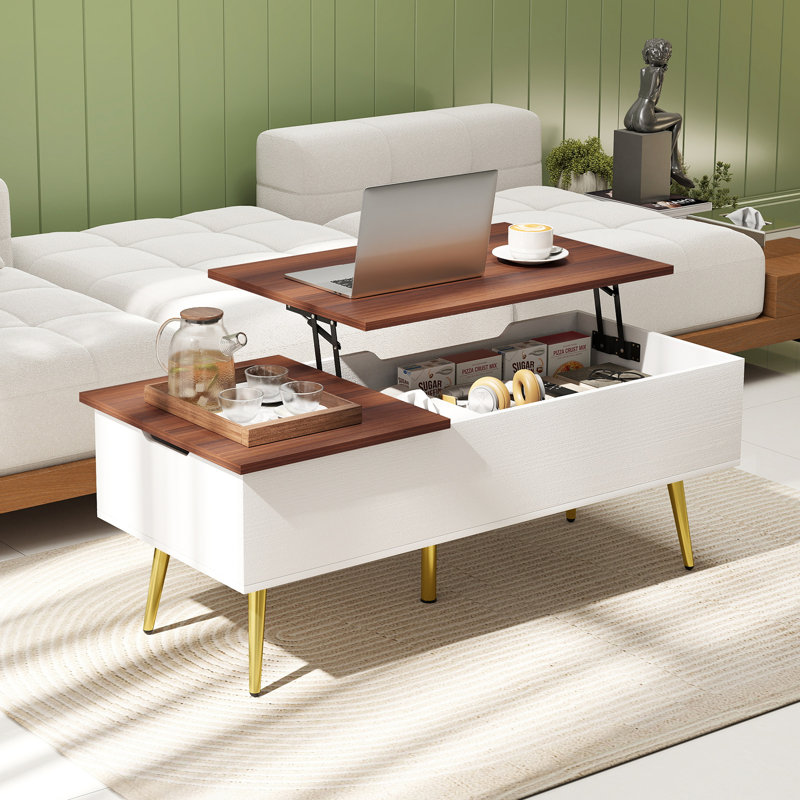Table basse à plateau relevable avec plateau divisé et 2 compartiments cachés avec pieds fuselés en métal