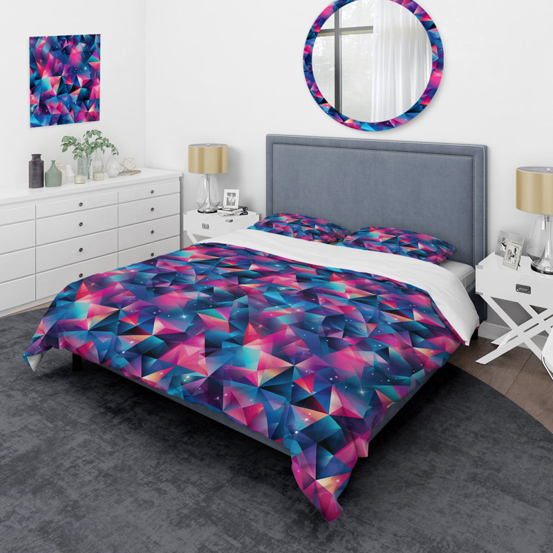 Ensemble de housse de couette Blue And Pink Symmetry Tranquil Triangles, Housse de couette pour grand lit et 2 taies décor