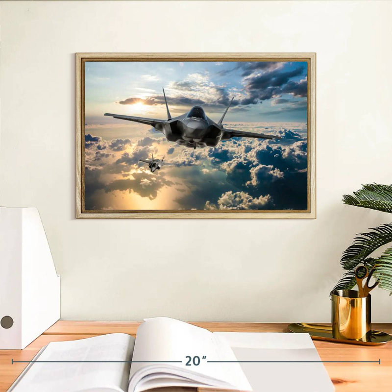 F35 Fighter Jet, Floating Frame Natural Wood, 13" X 9"