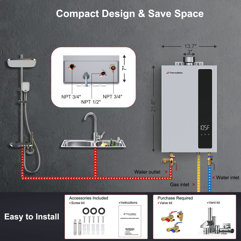 Chauffe-eau au gaz naturel sans réservoir 98,500 BTU 3,6 GPM avec écran tactile DEL ThermoMate