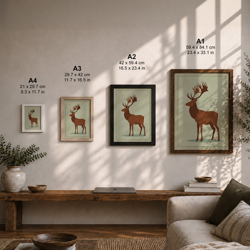 Deer With Branching Antlers Minimalist - Framed Print, A3 - 42.0 x 29.7 cm, White