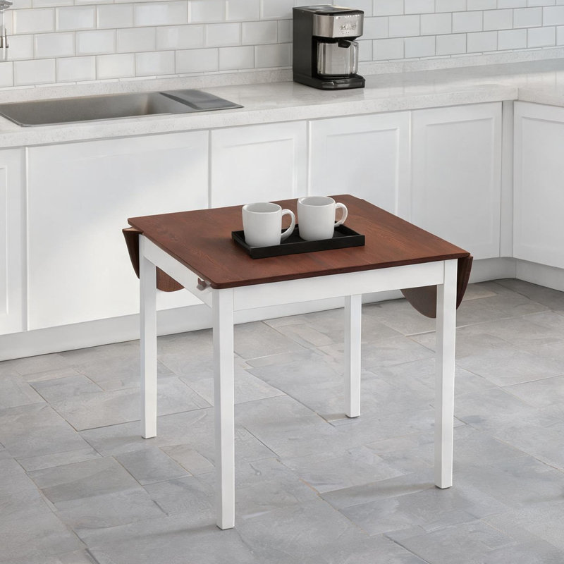 Table de salle à manger en pin avec abattants, piètement à quatre pieds, 4 à 6 couverts, plateau brun et pieds blancs, pour usage domestique