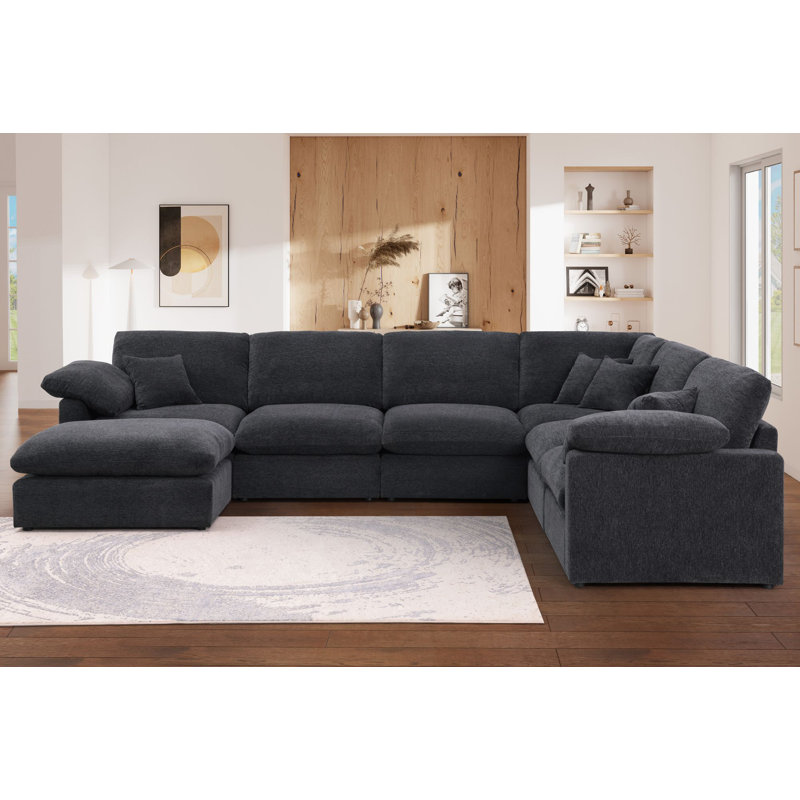 Canapé modulaire réversible d'angle en chenille 7 pièces avec repose-pieds amovible, Gris chenille