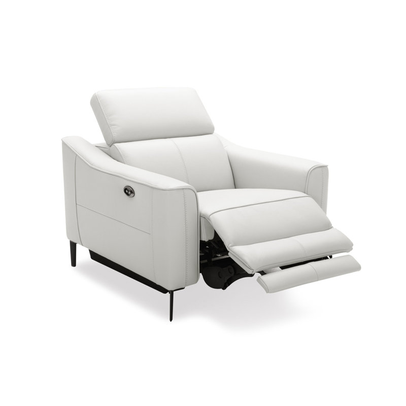Reno Lin 37 Inch Power Recliner Chair, Brown Genuine Leather, Metal Legs, White