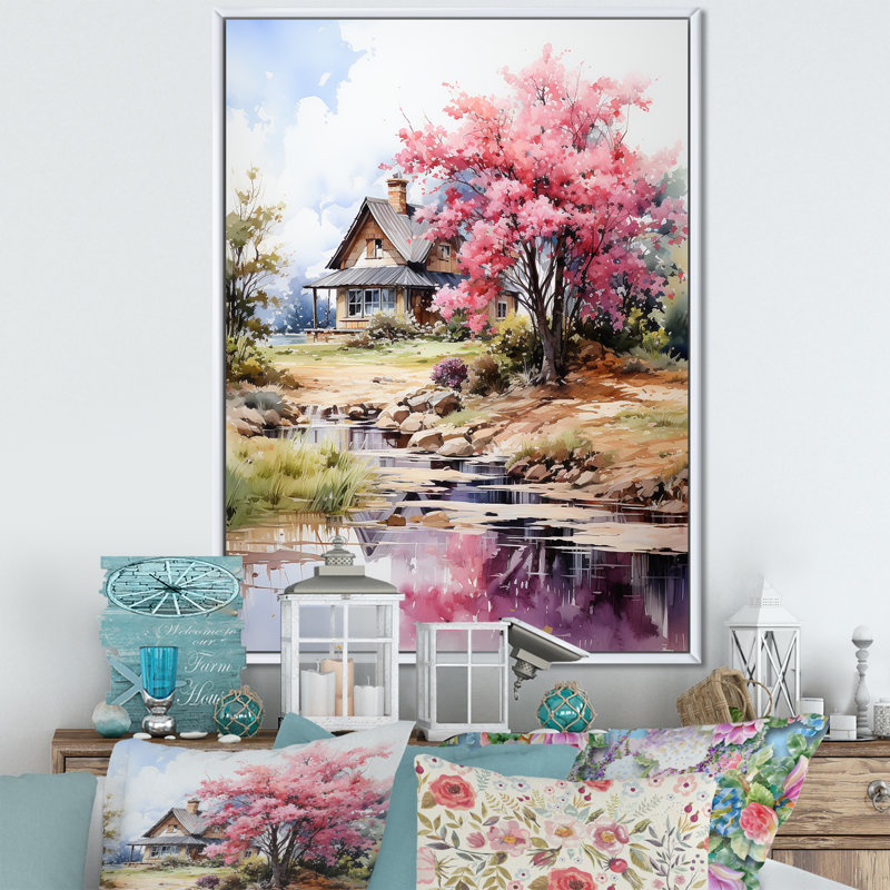 «Blossom Bungalow By The Lake 2», art mural paysage, Cadre flottant blanc, H 44 po x l 34 po x P 1,5 po