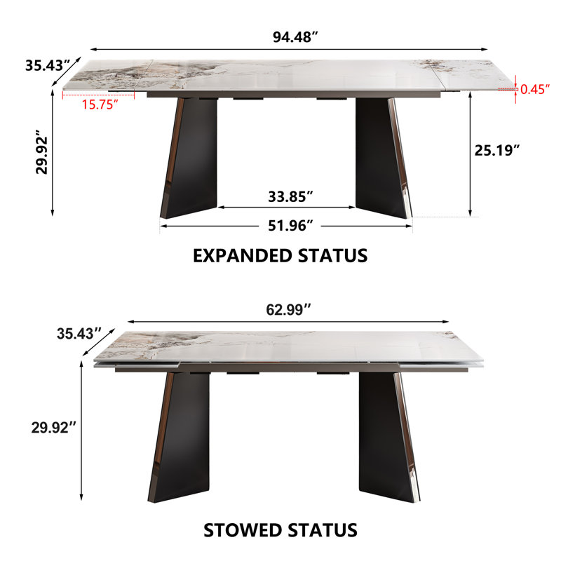 Ensemble de table de salle à manger 9 pièces en faux marbre avec plateau rectangulaire extensible en fritté de 94,5 po et 8 chaises en similicuir