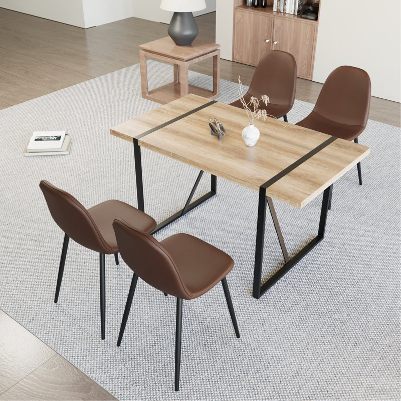 Ensemble de table de salle à manger Mid-Century moderne en bois aggloméré avec 4 chaises en cuir, base en métal