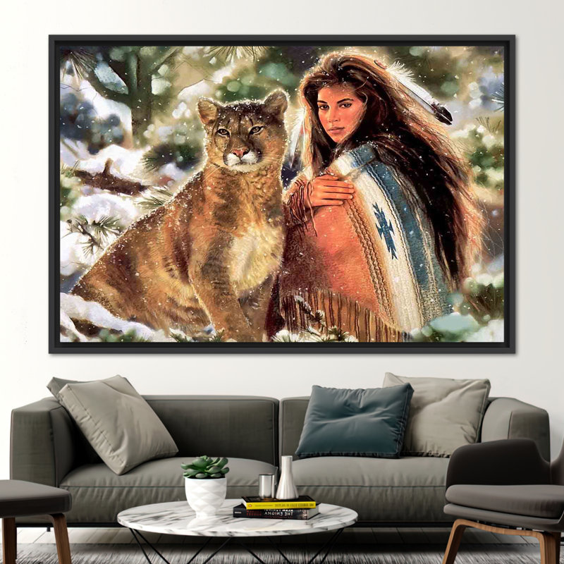"Native American Woman with Majestic Lion", reproduction d'art sur toile de haute qualité, H 45 po x l 100 po, Noir