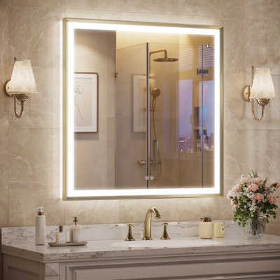     Front and Backlit LED Bathroom Vanity Mirror, Anti-Fog Aluminum Frame Beveled Bathroom Tempered Glass Wall Mirror