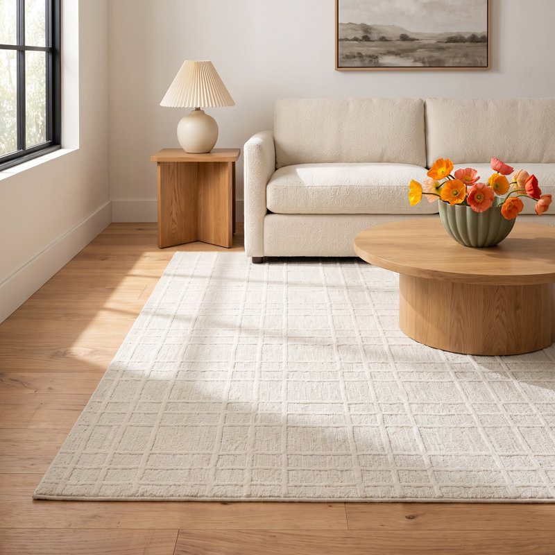Alec Plaid Handmade Tufted Wool White Area Rug, Rectangle 7'9" x 9'9"