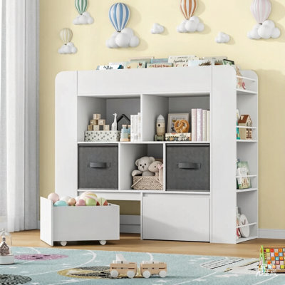 Toy Storage Organizer with 2 Movable Toy Chests, Toy Organizer and Storage Cabinet with 8-Tier Bookshelf and Storage Bins with Play Mat for Kids Rooms by Isabelle & Max