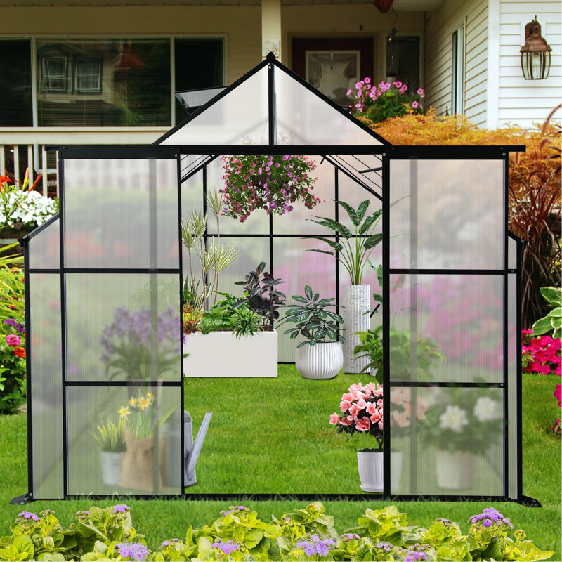 Serre en polycarbonate de 8 x 6 pi avec ancrage de base - utilisation à l'extérieur, base galvanisée pour plantes toutes saisons, grande capacité, ventilation, Royaume
