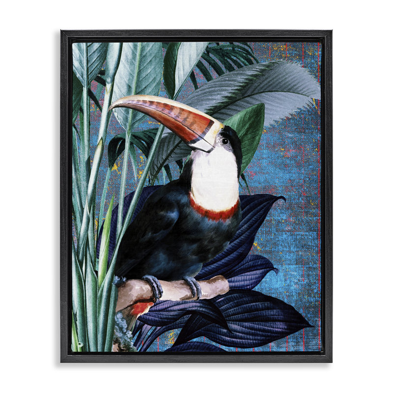 «Souriant toucan sur une branche» par Karen Smith, H 21 po x l 17 po, Cadre flottant noir de jais