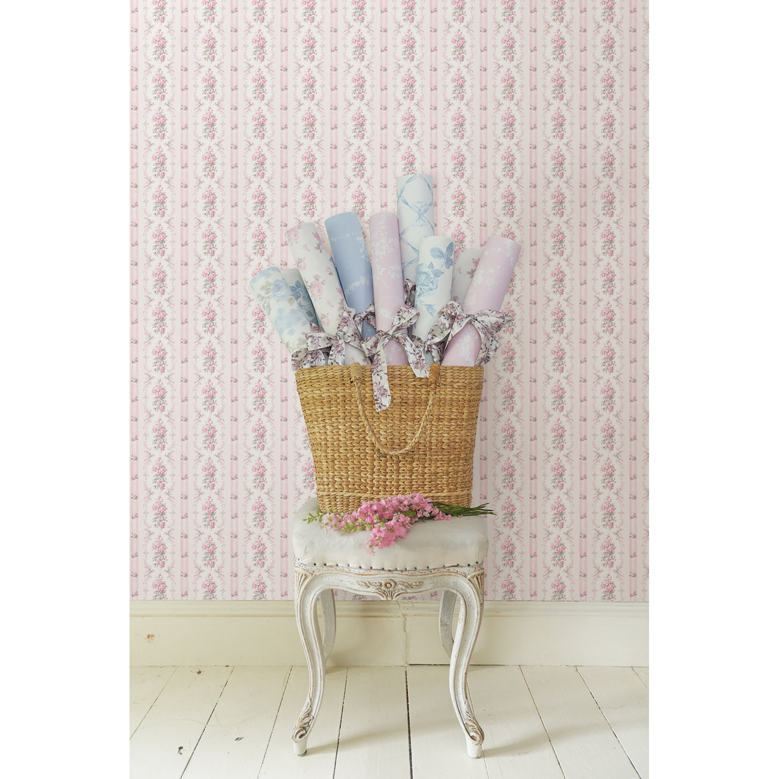 Dreamy Days Parfait Stripe and Floral Wallpaper, Pink, 20.5" W x 246" L, Peel & Stick