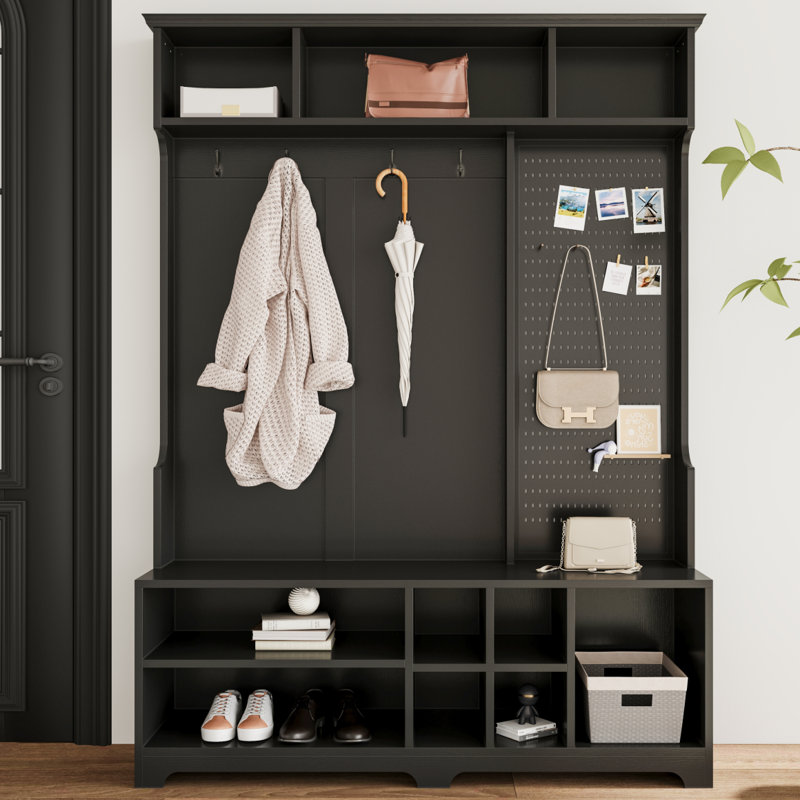 Arbre d'entrée avec banc à chaussures, portemanteau, rangement pour chaussures, tablettes de rangement et panneau perforé