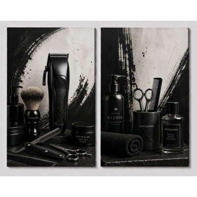 Très grand ensemble de 2 reproductions d'art sur toile noires de luxe pour salon de coiffure pour hommes, salle de bain 24 x 36 pouces, reproduction sur toile - prêt à accrocher