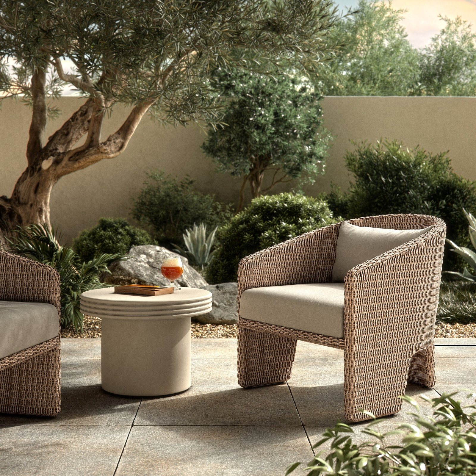 Charies Wicker Premium All-Weather Wicker Outdoor Dining Armchair with Cushion, Vintage White/WHite
