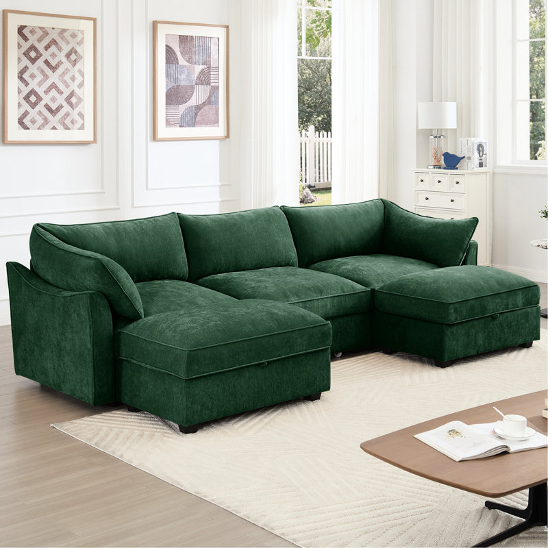 Canapé en chenille à 3 places avec design en forme de U, repose-pieds mobile, fonctionnalité de rangement, matériau doux et doux pour la peau.