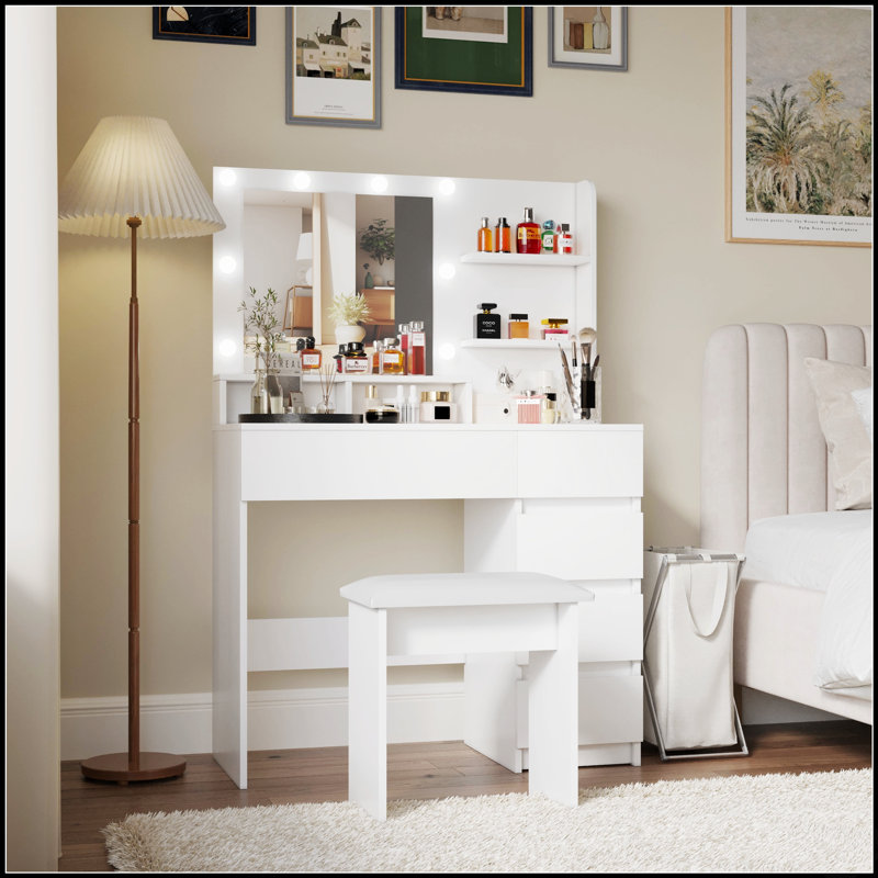 Stylish Makeup Vanity Desk Set With Mirror, Light, And Storage, 3 Lighting Modes, Adjustable Brightness, And Power Strip, 37 Inches