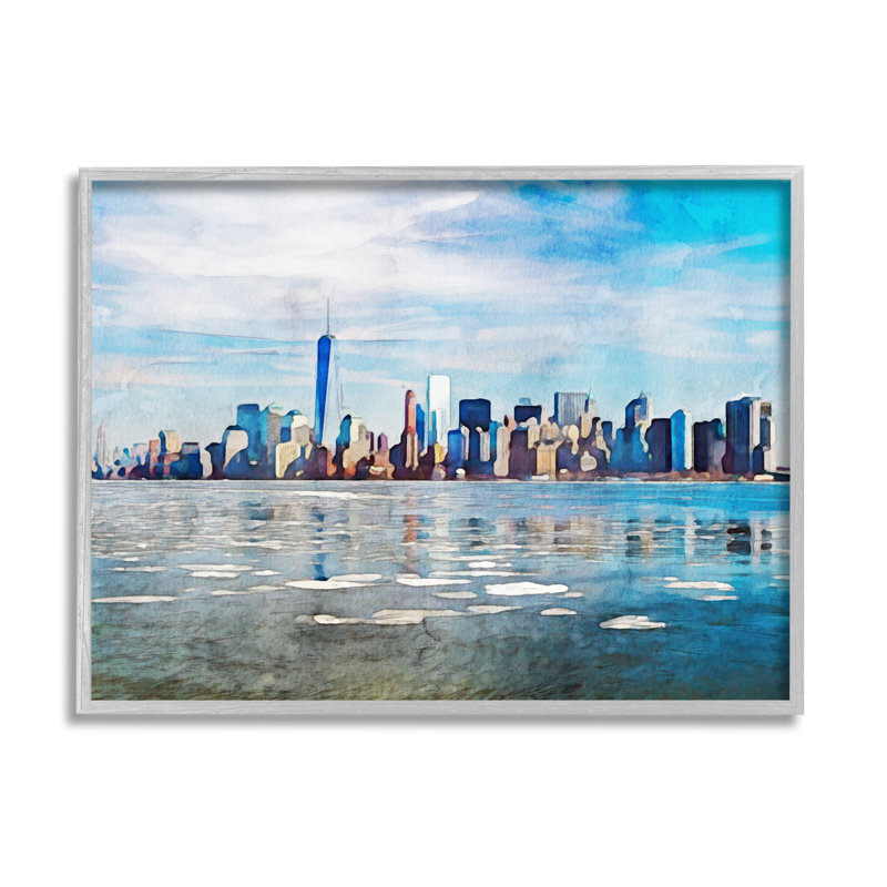 «Distant New York City Skyline Buildings» par Kim Curationa - cadre flottant, impression sur bois