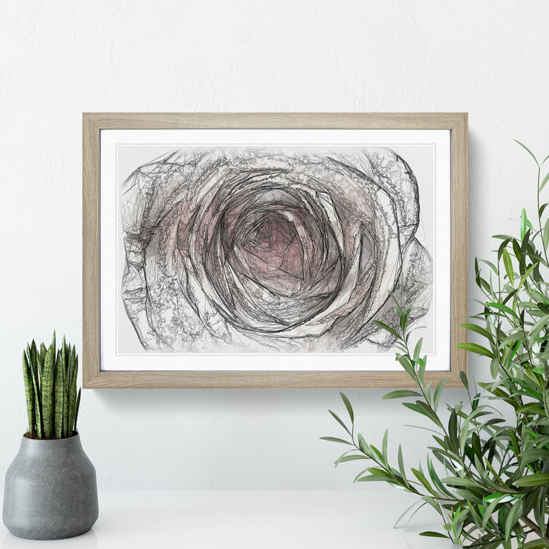 Pink Rose Flower Vol.3 - Picture Frame Drawing, 65cm H x 90cm W x 2cm D, Oak Framed