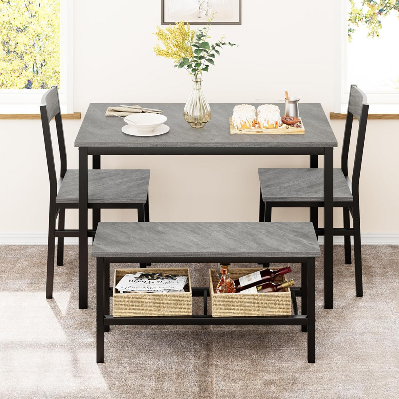 Dining Table Set For 4, With Bench & 2 Chairs, Grey, Grey