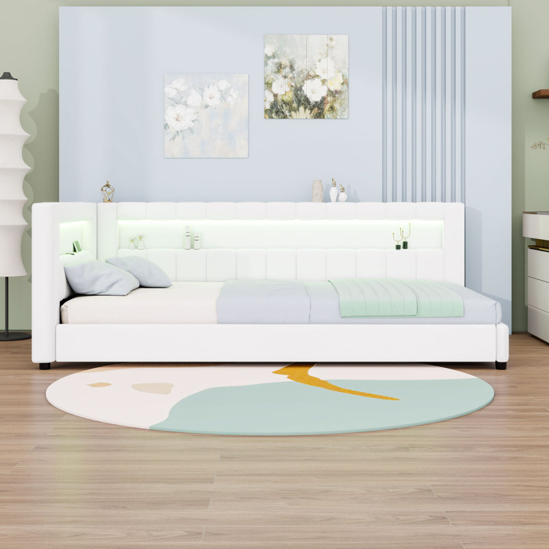 Upholstered Daybed with USB Ports, LED Light and Slats, White, Extra-Long Twin