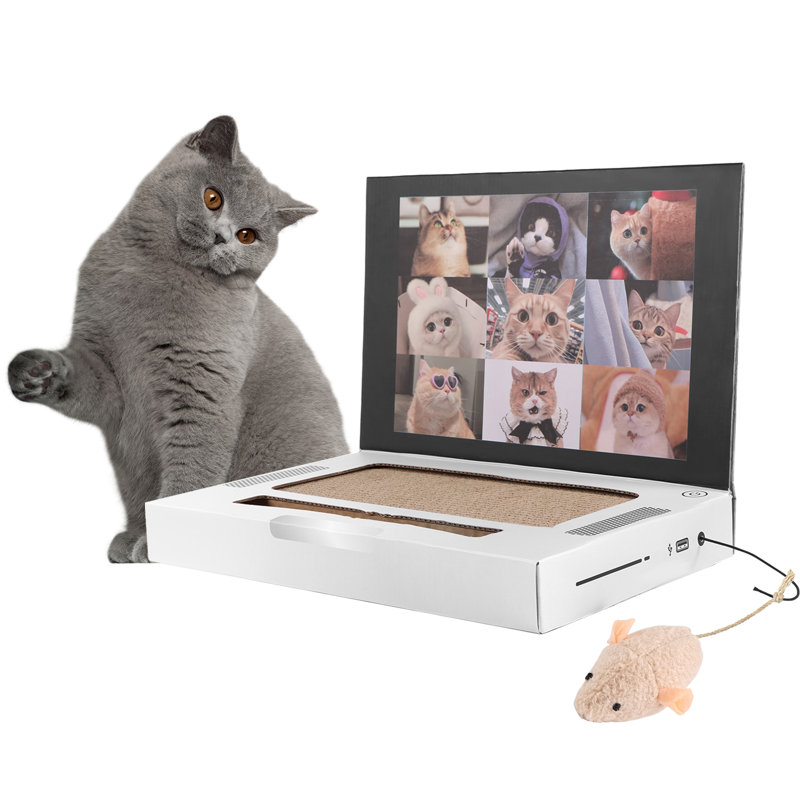 Kopinma laptop scratcher cat toy laptop with fluffy mouse interactive toys cat enrichment toys for indoor cat kitten cardboard cat scratch pads cat interactive toy to relieve boredom