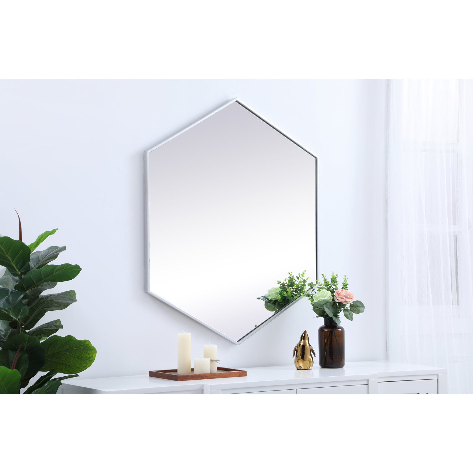 Sabine Metal Hexagon Wall Mirror, Silver, 40" H x 30" W