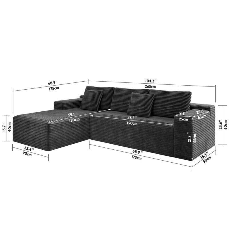 Koli 104" L-shaped Sectional Couch, Compression Sofa for 4 Person, Gray Corduroy, Left Facing, Left Hand Facing, Gray Velvet