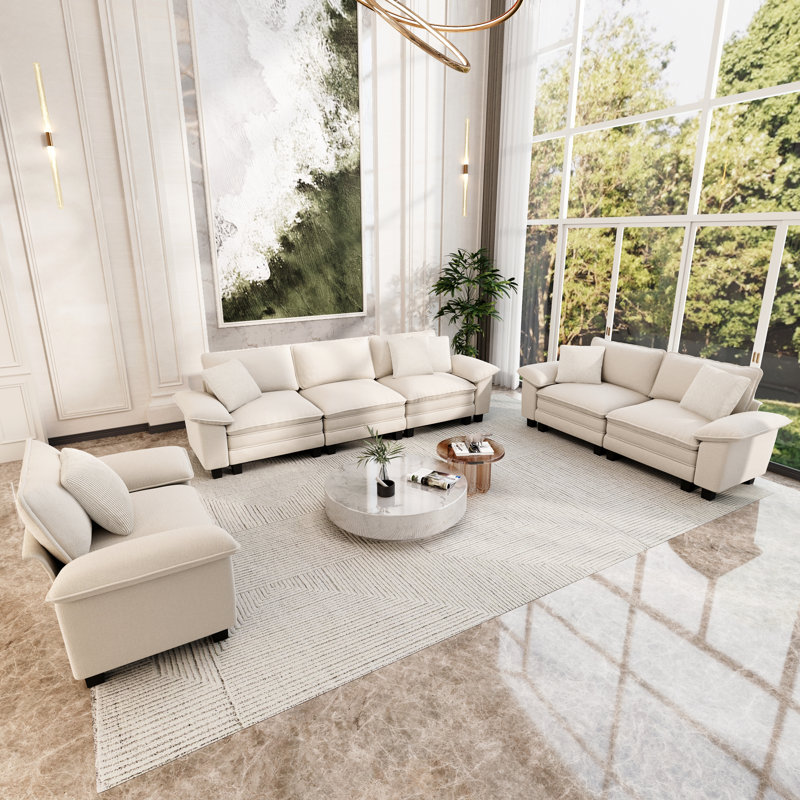 3-piece Upholstered Modular Sectional Sofa Sets, Oversized Couch Set With Sofa, Loveseat And Armchair, Ivory Chenille