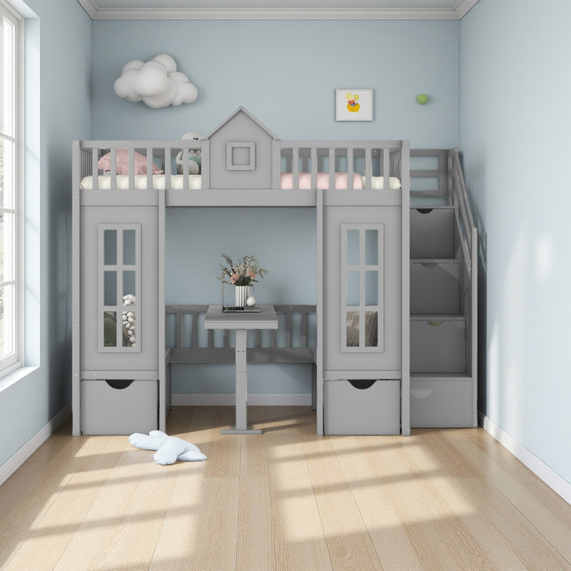 Twin-Over-Twin Bunk Bed With Changeable Table, Bunk Bed Turn Into Upper Bed And Down Desk, Gray