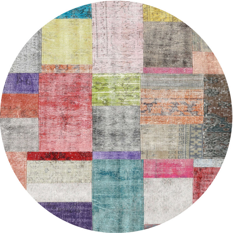 Tapis gris/rose/beige contemporain, Rond 7 pi