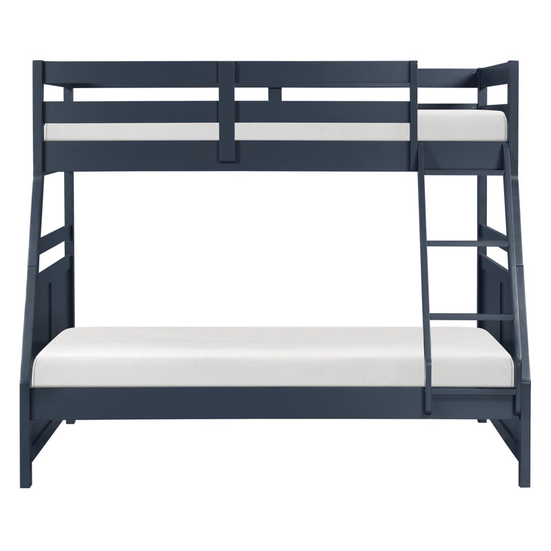 Lit simple superposé au-dessus d'un lit double, finition bleu marine, garde-corps et aménagement, décoration de chambre à coucher contemporaine avec cadre en bois, mise à niveau en angle