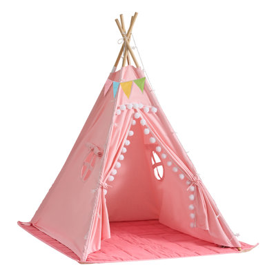 Tente de jeu pour enfants avec cadre en bois de pin, toile de coton rose, convient aux tout-petits, aux filles et aux garçons, pour une utilisation intérieure et extérieure, comprend un tapis rembourré, des lumières décoratives, un sac de transport,
