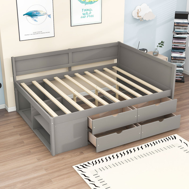 Lit de jour à 4 tiroirs en bois avec tablettes intégrées et lattes robustes, Double, Gris